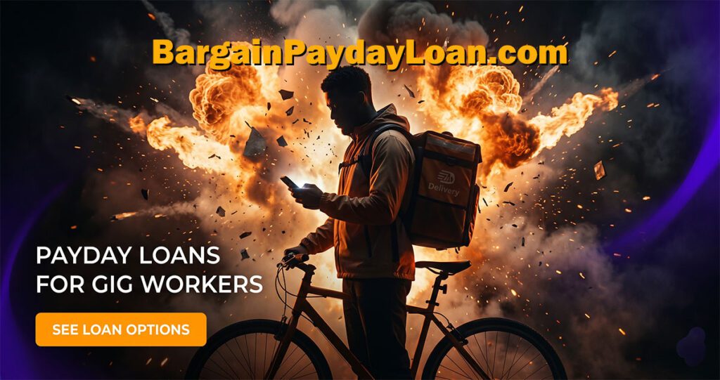 Gig delivery worker checking phone for loan options while standing next to a bicycle